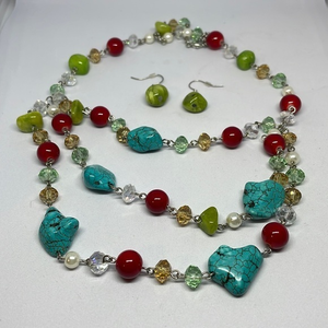 Turquoise, Crystal necklace & earring set‎ features Red and Lime Accent b…